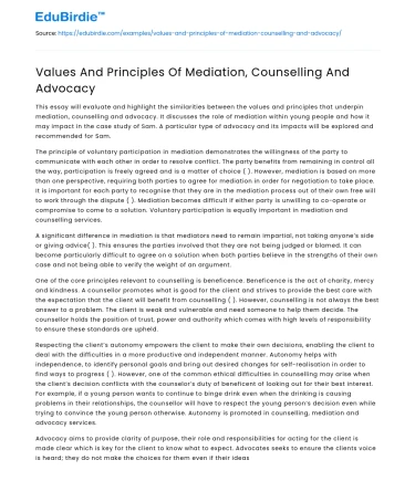 Values And Principles Of Mediation, Counselling And Advocacy