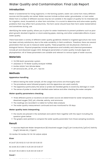 Water Quality and Contamination: Final Lab Report