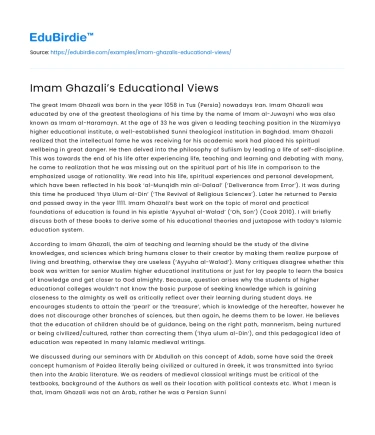 Imam Ghazali’s Educational Views