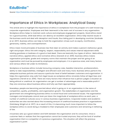 Importance of Ethics in Workplaces: Analytical Essay
