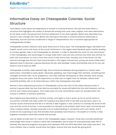 Informative Essay on Chesapeake Colonies: Social Structure
