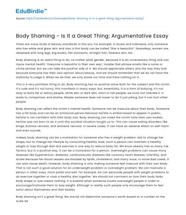Body Shaming – Is It a Great Thing: Argumentative Essay