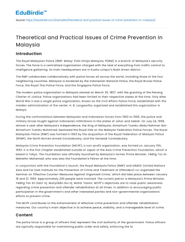 Theoretical and Practical Issues of Crime Prevention in Malaysia