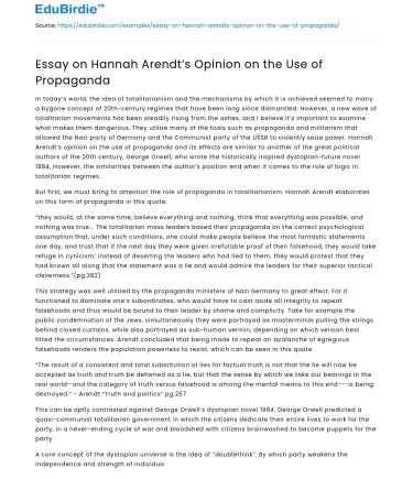 Essay on Hannah Arendt’s Opinion on the Use of Propaganda