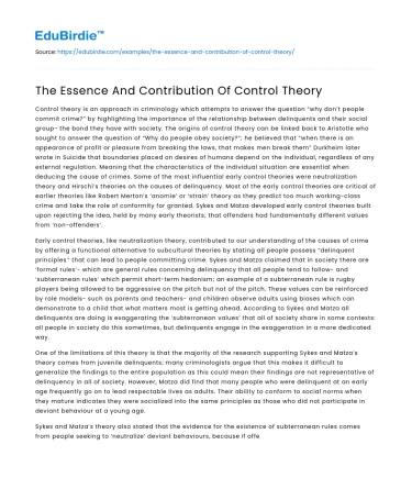 The Essence And Contribution Of Control Theory