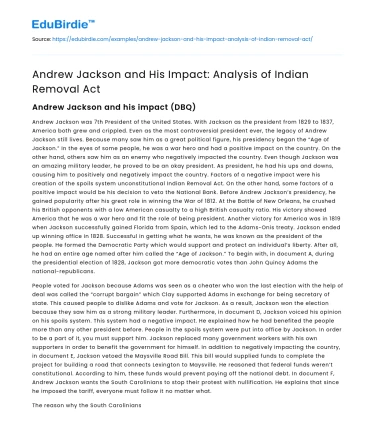 Andrew Jackson and His Impact: Analysis of Indian Removal Act