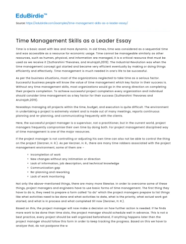 Time Management Skills as a Leader Essay