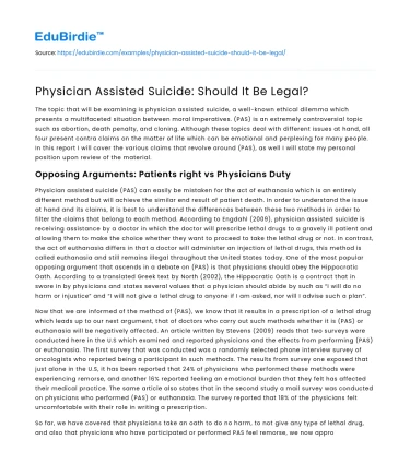 Physician Assisted Suicide: Should It Be Legal?
