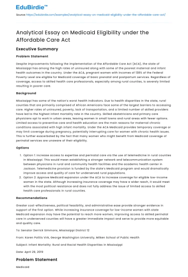Analytical Essay on Medicaid Eligibility under the Affordable Care Act
