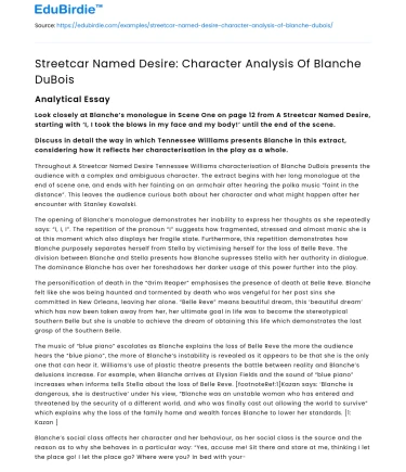 Streetcar Named Desire: Character Analysis Of Blanche DuBois