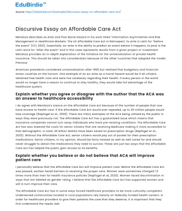 Discursive Essay on Affordable Care Act