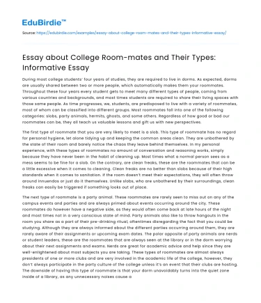 Essay about College Room-mates and Their Types: Informative Essay
