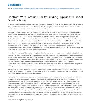 Contract With Lothian Quality Building Supplies: Personal Opinion