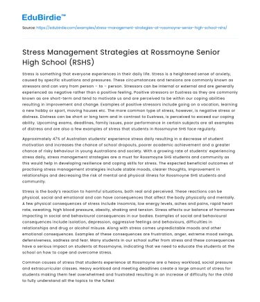 Stress Management Strategies at Rossmoyne Senior High School (RSHS)