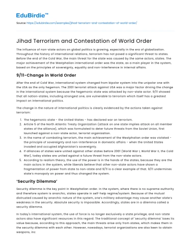 Jihad Terrorism and Contestation of World Order