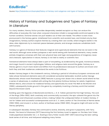 History of Fantasy and Subgenres and Types of Fantasy in Literature