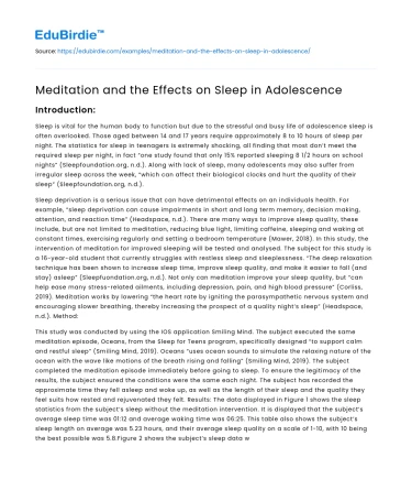 Meditation and the Effects on Sleep in Adolescence