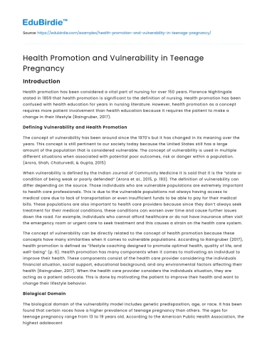 Health Promotion and Vulnerability in Teenage Pregnancy