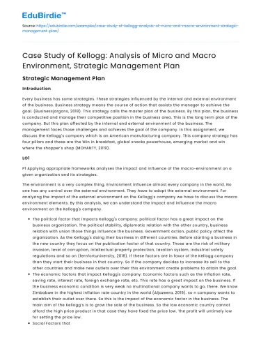 Case Study of Kellogg: Analysis of Micro and Macro Environment, Strategic Management Plan