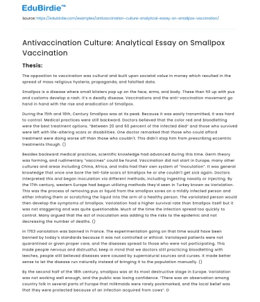Antivaccination Culture: Analytical Essay on Smallpox Vaccination
