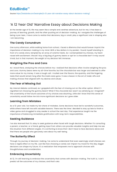 ‘A 12 Year Old’ Narrative Essay about Decisions Making