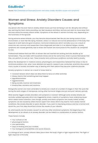 Women and Stress: Anxiety Disorders Causes and Symptoms