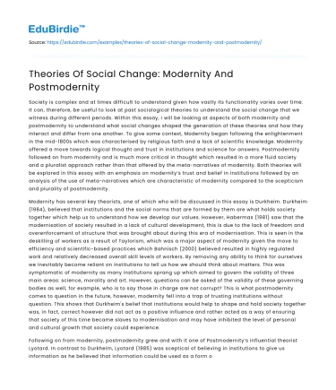 Theories Of Social Change: Modernity And Postmodernity