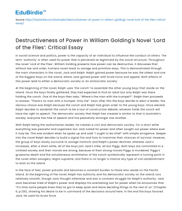 Power’s Destructiveness in ‘Lord of the Flies’: Critical Analysis