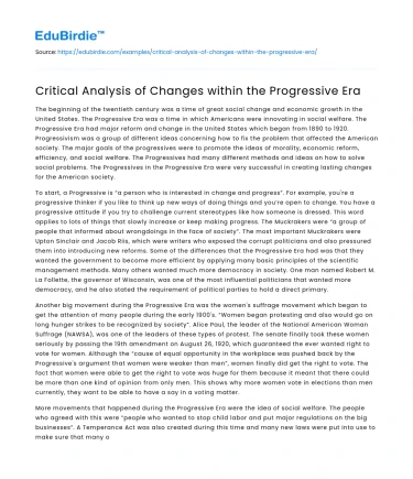 Critical Analysis of Changes within the Progressive Era