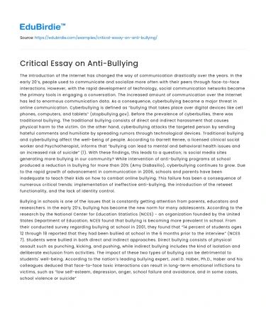 Critical Essay on Anti-Bullying