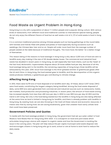 Food Waste as Urgent Problem in Hong Kong