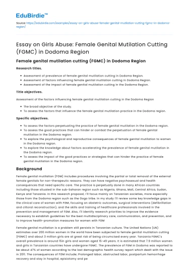 Girls Abuse: Female Genital Mutilation Cutting (FGMC) in Dodoma Region