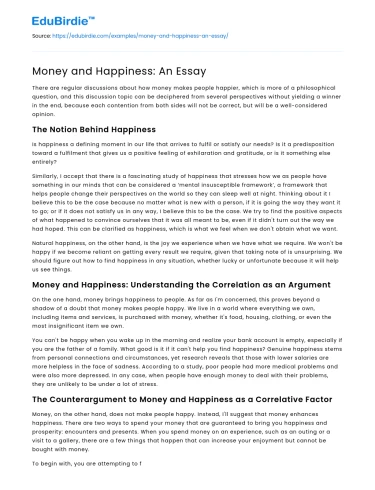 Money and Happiness: An Essay