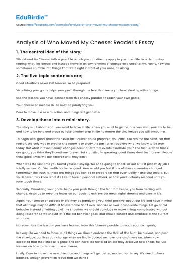 Analysis of Who Moved My Cheese: Reader’s Essay