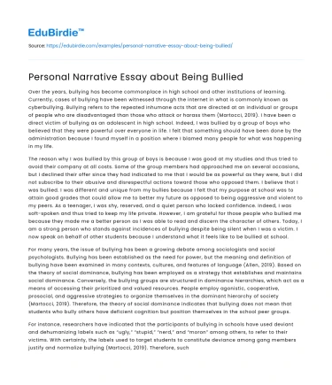 Personal Narrative Essay about Being Bullied