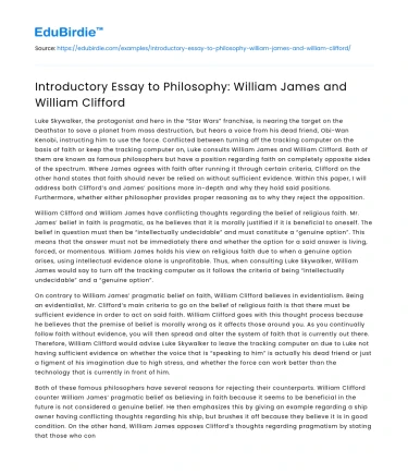 Introductory Essay to Philosophy: William James and William Clifford