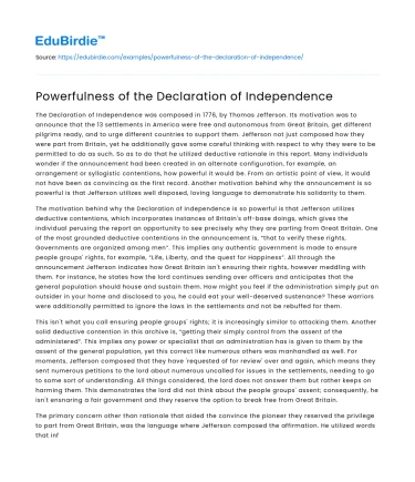 Powerfulness of the Declaration of Independence