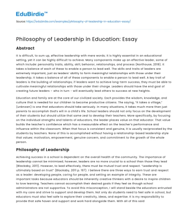 Philosophy of Leadership in Education: Essay