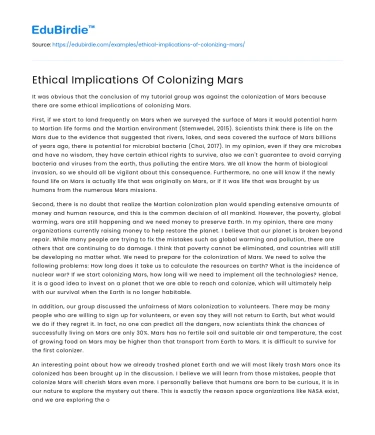 Ethical Implications Of Colonizing Mars