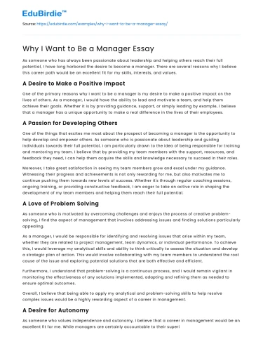 Why I Want to Be a Manager Essay
