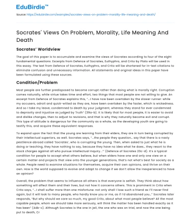 Socrates’ Views On Problem, Morality, Life Meaning And Death