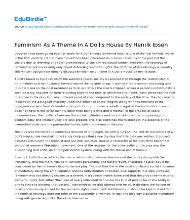 Feminism As A Theme In A Doll’s House By Henrik Ibsen
