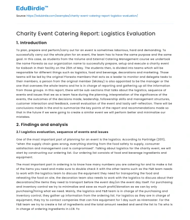 Charity Event Catering Report: Logistics Evaluation