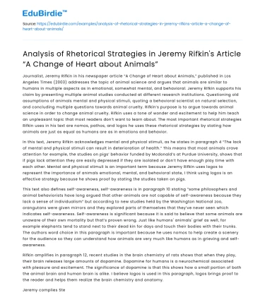 Rhetorical Strategies in Rifkin’s A Change of Heart about Animals