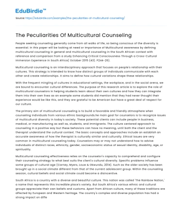 The Peculiarities Of Multicultural Counseling