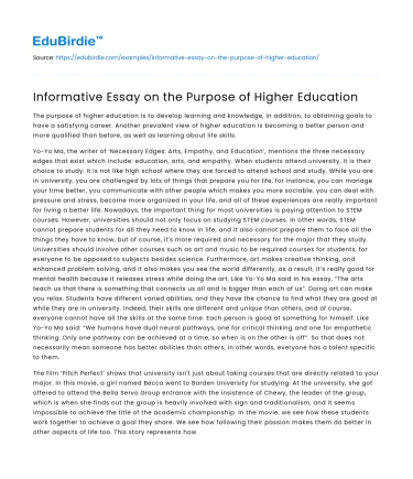 Informative Essay on the Purpose of Higher Education