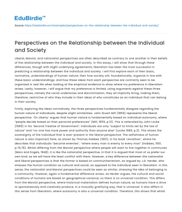 Perspectives on the Relationship between the Individual and Society