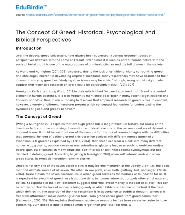 The Concept Of Greed: Historical, Psychological And Biblical Perspectives