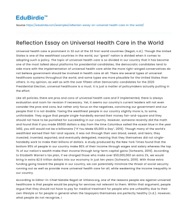 Reflection Essay on Universal Health Care in the World