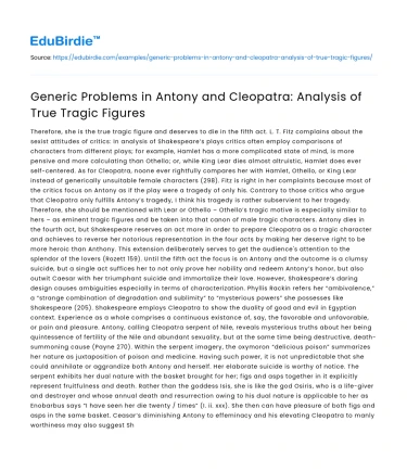 Generic Problems in Antony and Cleopatra: Analysis of True Tragic Figures